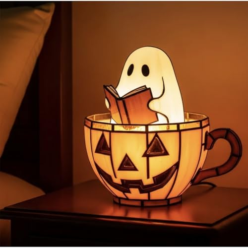 Ghost Reading Book Lamp, Halloween Ghost Reading LED Lamp, Cute Ghost Reader in Pumpkin Cup LED Light for Tabletop Bedroom Outdoor Table Desktop Party