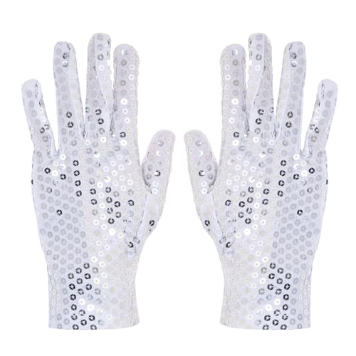 PENTA ANGEL Sequin Gloves 80s Vintage Classic Glitter Dance Rave Dress Up Gloves for Women Halloween Masquerade Costume (Sliver Short)