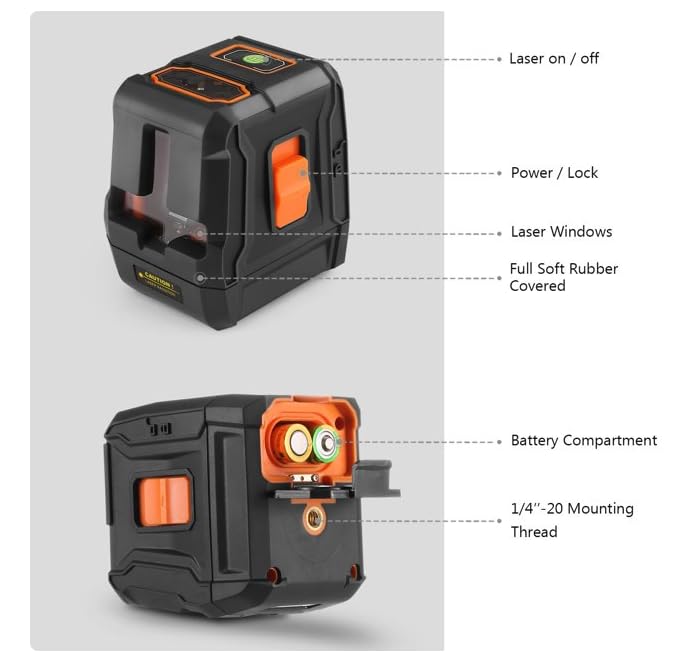 Diagram of the SC-L07 Laser Level with labels for Laser On/Off, Power/Lock, Laser Windows, Full Soft Rubber Covered, Battery Compartment, and 1/4 inch-20 Mounting Thread