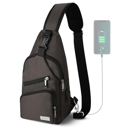 AMJ Crossbody Sling Bag Men Women, Casual Shoulder Backpack, Chest Daypack Satchel for Hiking Travel (Small, Brown)