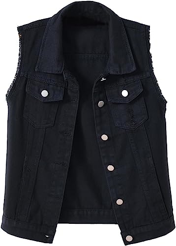 Lazutom Veste en jean déchirée sans manches avec boutons pour femmes, Noir , 42