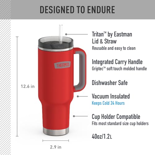 Image of THERMOS Stainless Steel Cup Holder Mug - 40 Ounce, Crimson - Insulated Tumbler with Lid and Straw, Plus Leak-Resistant Slide Lock