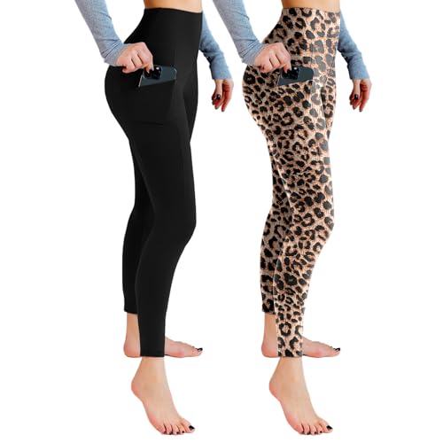Leafigure 2er Pack Sport Leggings Damen High Waist Sporthose Damen Mit Taschen Gym Leggings Blickdicht für Sport Yoga Schwarze/Leopard LXL