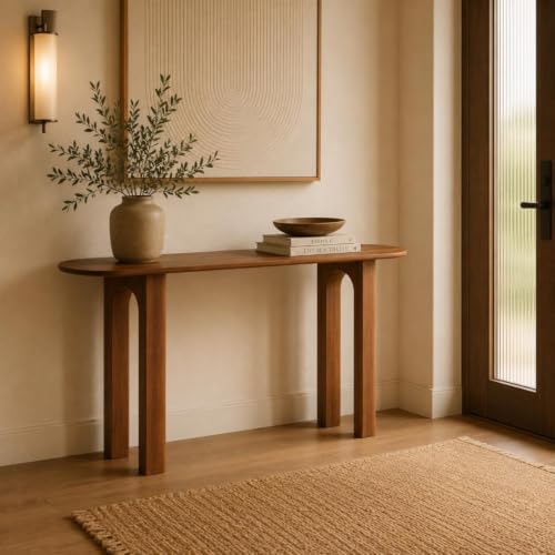 Half Moon Console Table with Storage | Narrow Wooden Entryway Acc...