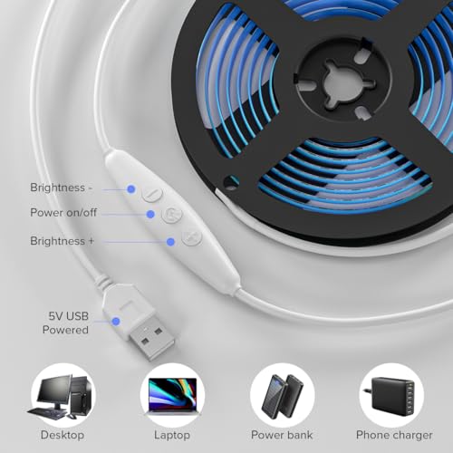 Image of BTF-LIGHTING 5V USB Ice Blue COB LED Strip Lights Super Bright Dimmable LED Tape Light,9.8FT 320LEDs Flexible Light Strip with Strong 3M Tape for 3D Printer,TV Backlight,Cabinet,Home Lighting