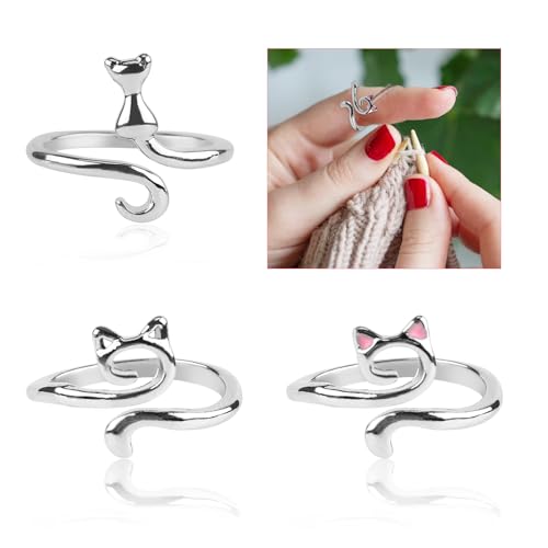 3 Stück Strick Häkelringe Finger, Niedliche Katzenform Häkel Ringe zum Handarbeiten Strick Fingerhut Garnführung Fingerhalter für Schnelleres Stricken (Silber)