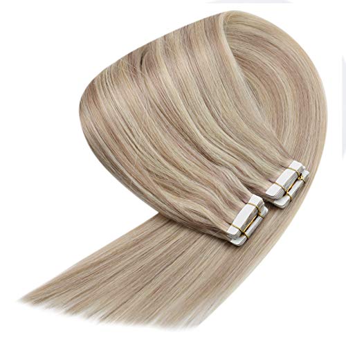VeSunny Dark Ash Blonde Tape in Hair Extensions Real Hair Extensions Highlights Bleach Blonde Straight Remy Extensions Seamless Human Hair 10pcs/pack 14inch