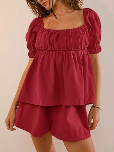 Image of Tankaneo Womens 2 Piece Outfits Summer Square Neck Short Puff Sleeve Babydoll Tops and Shorts Matching Set