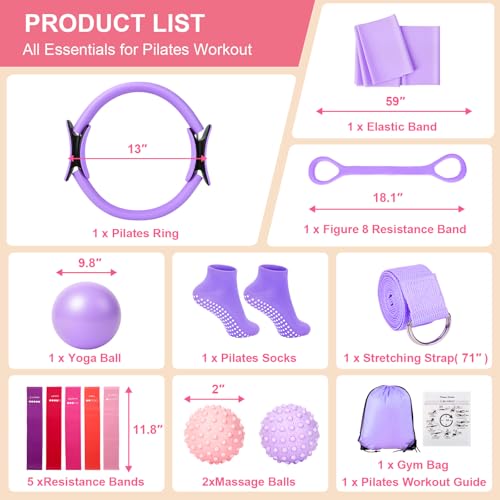 BYYNNE Home Pilates Kit for Women - 14 Pcs Pilates Equipment Set with Pilates Ring and Ball, 5 Resistance Bands Etc Accessories for Beginners Home Workouts - Includes Workout Guide (Purple) - image 3