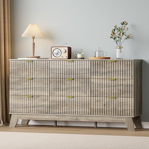 Image of Grey Dresser 9 Drawer Dresser for Bedroom, 57''Wide Fluted Wooden Dresser Storage Cabinet and Chest of Drawers with Metal Handle, Storage Organizer for Living Room, Hallway, Entryway, Gray