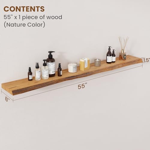 Image of Floating Shelves for Wall Decor, Rustic Solid Elm Wood Live Edge Floating Shelves Wall Mounted, Wall Shelves with Invisible Bracket for Living Room Bathroom Bedroom Kitchen, 55 Inch, Natural