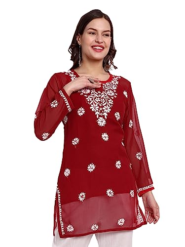 Image of Ada Women's & Girl's Georgette Hand Embroidered Lucknow Chikankari Regular Fit Short Kurti Top with Slip A911300