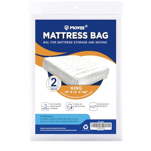 PROWEE 2 Pack King/Cal King Mattress Bag for Moving and Storage Clear Plastic Mattress Cover for Moving Waterproof Mattress Disposal Bags