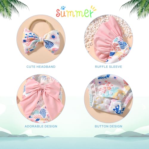 Image of HIHA Baby Swimsuit Girl Infant Bathing Suit Ruffle Summer One Piece Cartoon Pattern Swimwear Sunsuit,0-6 Months Light Pink