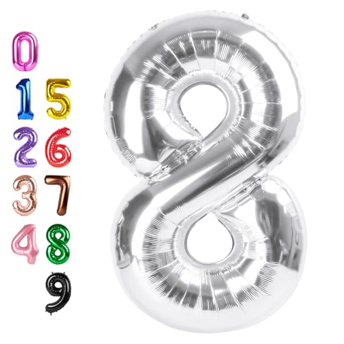 Image of 8 Balloon 40 inch Silver Number Balloons for 8th Birthday Party Decorations | Saturated Color, Large 40 in, With Straw & Hanging Hole, For Graduation Season, Thanksgiving, Anniversary, Christmas