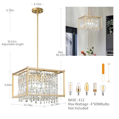 Image of LMQNINE Modern Foyer Chandelier, Gold Crystal Chandelier Entryway Pendant Light Fixture, Square Adjustable Height Chandeliers for Kitchen Island, L15.74'' x H9.84''