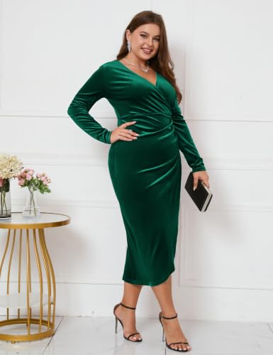 Image of ZOMVA Plus Size Velvet Wrap Dress Ruched Bodycon Dress Long Sleeves Ruffle Long Elegant Party Wedding Guest Cocktail Holiday