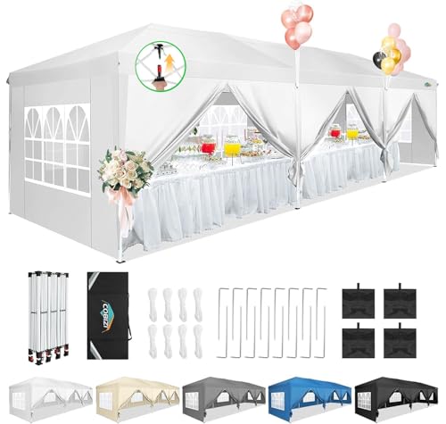 COBIZI 10x30 Pop Up Canopy Tent for Parties with 8 Sidewalls Waterproof Commercial Instant Canopy 10x30 Party Tent for Backyard, Wedding Portable Outdoor Gazebo with Carrybag&4 Sandbags(White