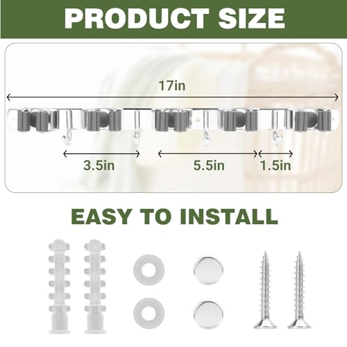 UNIFUN Broom Holder Wall Mount, Broom Organizer Wall Mount Stainless Steel Broom and Mop Hanger Heavy Duty Storage Organization for Home Kitchen Garden Garage Room 5 Racks 4 Hooks - Image 4