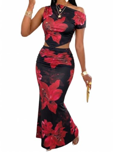 Image of BARASA Two Piece Sets For Women Summer Vacation Sexy Bodycon Outfits DS75 | Elegant Asymmetrical One Shoulder Crop Top And Ruched High Waist Long Maxi Skirt Set For Women Summer Vacation