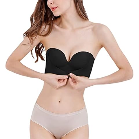 Support Sports Bras for Women Womens Solid Color Strapless Non Slip Adjustment Rimless Dress Bra Black Cover