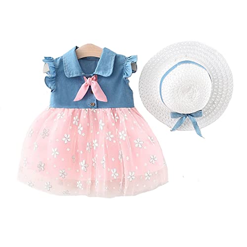 Image of Bold N Elegant Cap Sleeve Denim Embroidered Midi Party Dress Frock with Hat Dress for Infant Toddler Girl Baby Girl