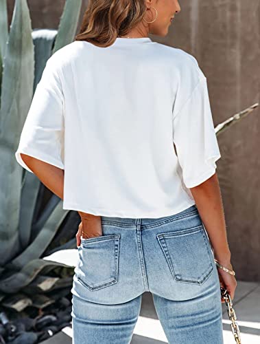 Women's Crop Top Half Sleeve T Shirts Round Neck Workout Tops Casual Summer Solid Color Basic Tees White #TOP3