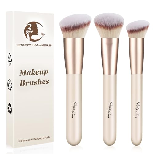Start Makers Makeup Brushes 3PCS Set, Foundation, Contour, Concealer Brush for Liquid & Powder, Professional Vegan Synthetic Kabuki Brushes for Flawless Blending, Buffing & Setting
