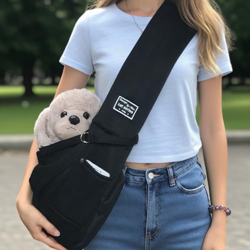Bolsa tiracolo para cães com bolso de armazenamento – bolsa de segurança para viagem sem usar as mãos – adequada para animais de estimação pesando até 7,5 kg, preta