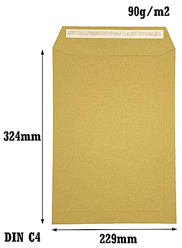 PAKNOR® 50x Braun Versandtaschen DIN C4 229× 324 mm 90g Briefumschläge ohne Fenster gerade Klappe Haftklebung Großbrief a4 Briefkuverts Geschäfts-Umschläge
