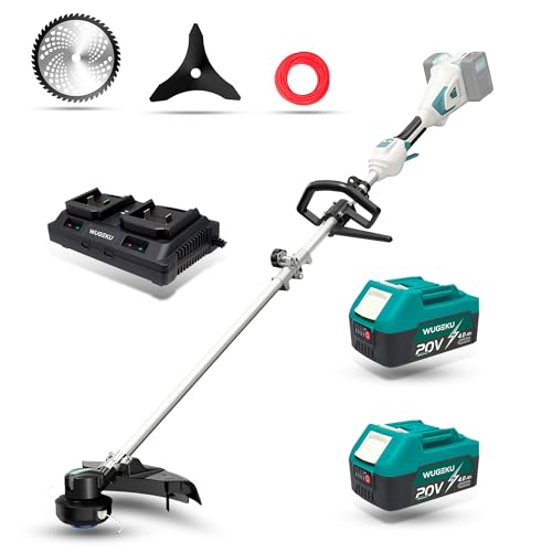 WUGEKU 40V 14-Inch Brushless Cordless String Trimmer, .095' Dual Line Bump Feed, 2X 4.0Ah Batteries & Dual Charger, Heavy Duty Battery Weed Wacker for Thick Brush, Dense Weeds & Large Yards