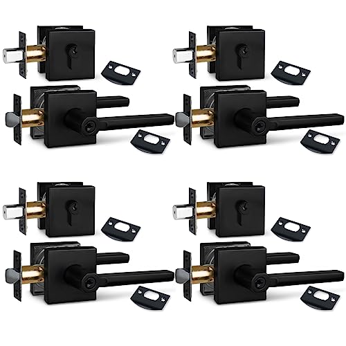 Image of NEWBANG (4Pack) Square Heavy Duty Keyed Entry Combo with deadbolt and Lever Door Handle in Matte Black (for Entrance /Exterior /Front /Office Door) Left or Right Handed