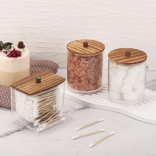 Image of Tbestmax 4 Pack Qtips Dispenser Bathroom Container, 10 /12 oz Big Cotton Ball Holder, Apothecary Jar Organizer for Storage Cotton Swab, Round Pads, Floss Picks (Wood Lids)