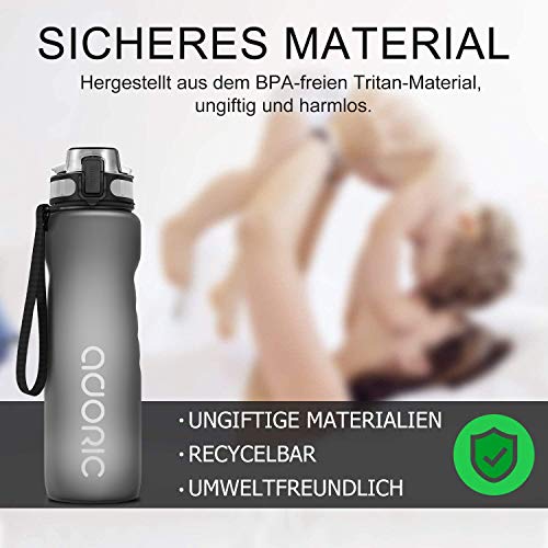 Adoric Tritan Trinkflasche 1L - BPA-frei, wiederverwendbare Wasserflasche für Uni, Sport, Arbeit, Fitness, Fahrrad, Outdoor, Job, Grau