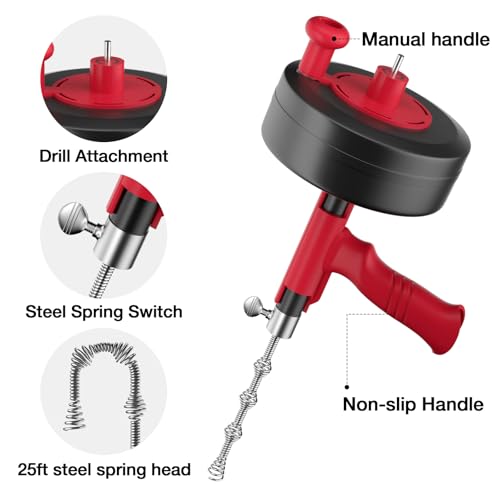 Drain Snake, Plumbing Snake With Drill Adapter, 35ft Heavy Duty Flexible Sink Steel Drain Auger Bathroom Hair Clog Removal Tool, Manual Or Powered - No auto retract or feed by KINGLEV - Used condition - Image 2