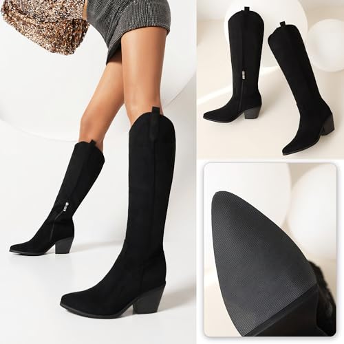 Image of Reitoye Cowboy Boots for Women Embroidery Western Cowgirl Knee High Chunky Heel Boots with Pull-Up Tabs