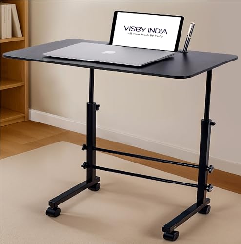 VISBY INDIA Wooden Multipurpose Adjustable Height Table with Wheels for Work from Home,use as a Laptop, Computer, Study (Black Adjustable)