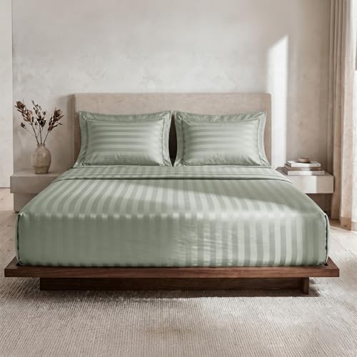 Image of LANE LINEN 100% Cotton Super King Bedsheet with 2 Pillow Cases | Damask Stripe 3pc Bedding Set- 2.74M x 2.74M | Breathable & Comfortable Fabric | Oeko-TEX Certified - Mineral