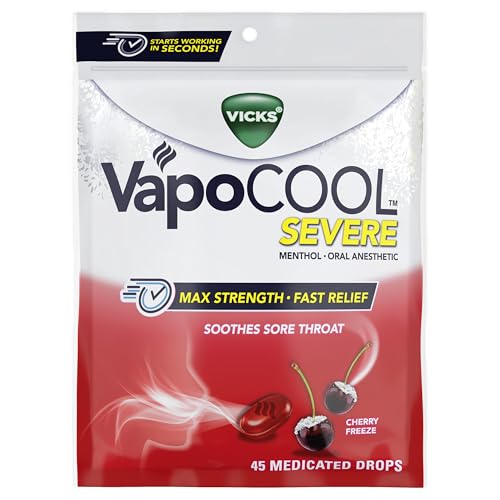 Vicks VapoCool Severe Medicated Sore Throat Drops, Max Strength Menthol,