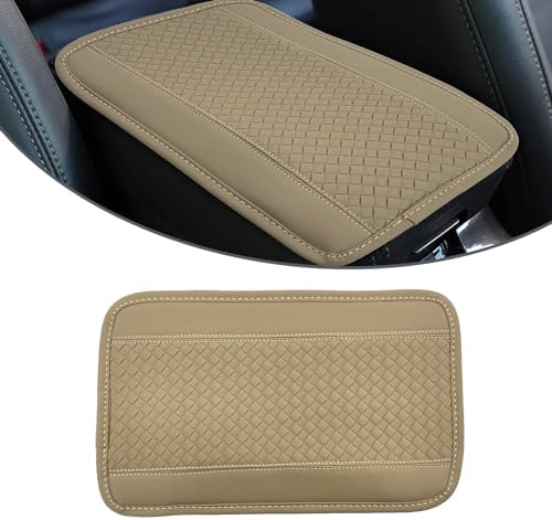 1 PC Car Armrest Box Mat, 12.5In x 7.4In Soft PU Leather Double Line Embossing Vehicle Center Console Cover, Universal Waterproof Automotive Armrest Protector for Car Truck SUV (Beige)