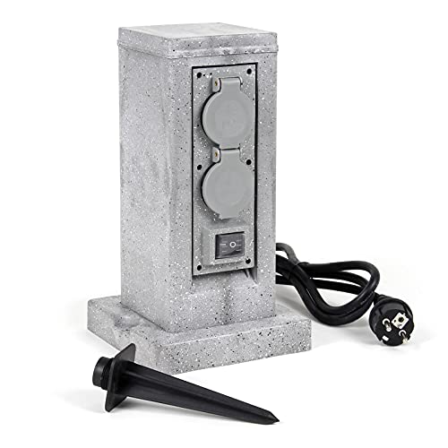 Wiltec Multiprise de jardin quadruple – 4 prises – 194 x 194 x 295 mm – Design colonne granit – en PP – avec Câble 1,5 m et 2 Interrupteurs –...