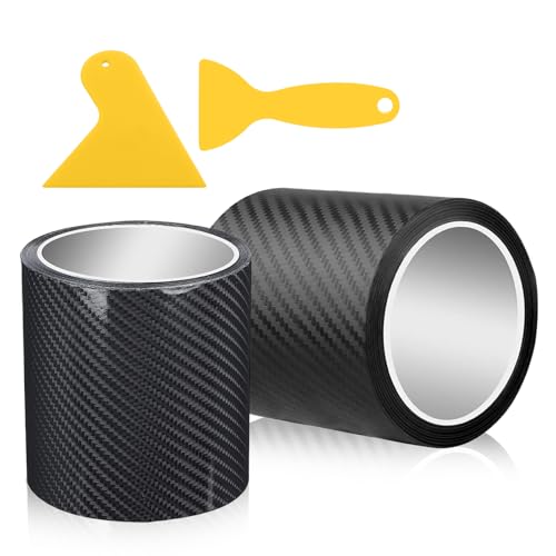2 Rollen Carbon Folie Auto, 10CM x 6M Einstiegsleisten Schutz Selbstklebend 3D Ladekantenschutz Folie mit 2 Kunststoffschabern für Die Meisten Autos und Motorräder zum DIY