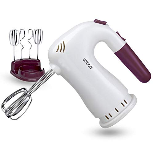 OCTAVO 5 Speed Hand Mixer Electric, 250W Ultra Power Kitchen Hand Mixer With Easy Eject Button, 4 Metal Attachments (2 Wired Beaters And 2 Dough Hooks) And Storage base (white)