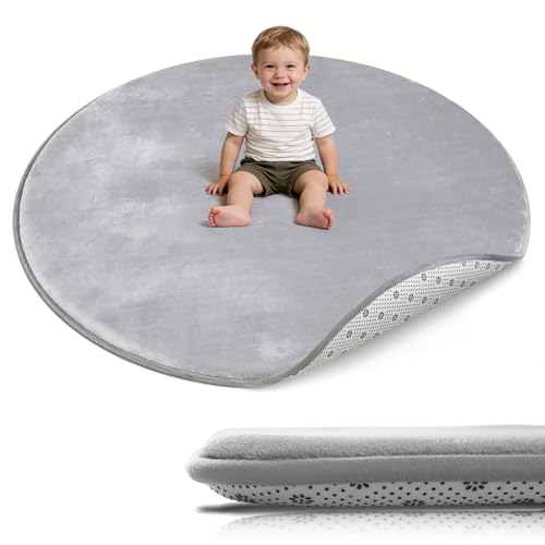 Favodormir Dicke Krabbelmatte Baby Ø 120cm,Schaumfüllung Teppich Spielmatte Baby,Rutschfester Unterseite&Weicher Kurzflor, Pflegeleicht,Teppich Kinderzimmer,Spielmatten Für Laufgitter,Grau