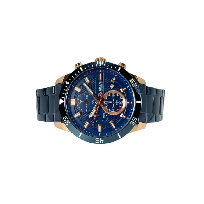 CURREN 8417. Reloj de Cuarzo para Hombre con Correa de Acero Inoxidable Azul y Esfera Azul con Detalles en Rojo, Blanco y Oro Rosa. Tiene función de Calendario y cronómetro. - Imagen 8