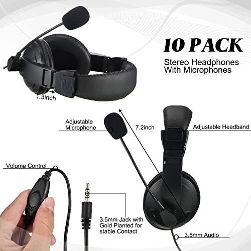 10 Pack Bulk Headset With Boom Microphone Wired 3.5Mm Stereo Headset Noise Canceling Computer Headset Disposable Stereo Classroom Headphone For Office Meeting Distance Learning Chat Call Music, Black #TOP1