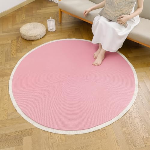 Image of Cotton Round Carpet 3x3 feet - Handmade Braided Boho Rug for Living Room, Bedroom & Balcony - Soft Washable Floor Mat, Color -Pink