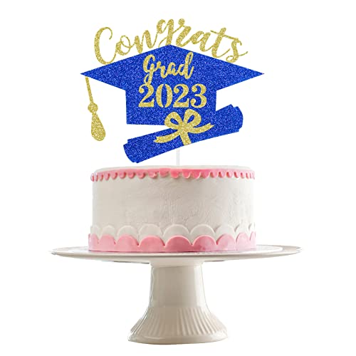Congrats Grad 2023 Cake Topper Blue And Gold Congratulations 2023 Graduation Cake Topper, Class Of 2023 Graduation Cake Topper For Blue And Gold 2023 Graduation Party Cake Decorations #TOP17