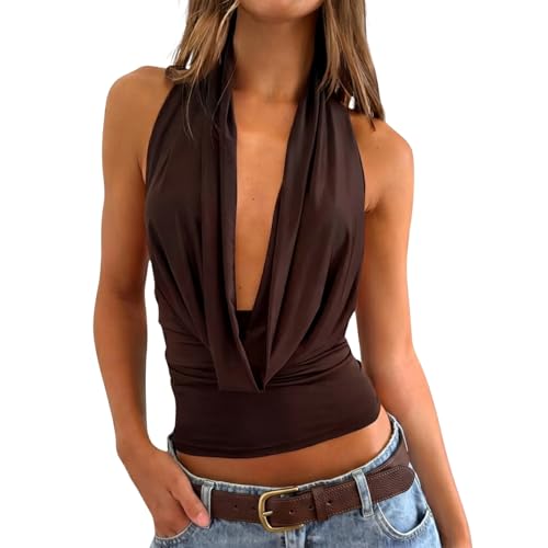 Women Sexy Cowl Neck Halter Top Y2k Backless Flowy Summer Going Out Tops Brown S