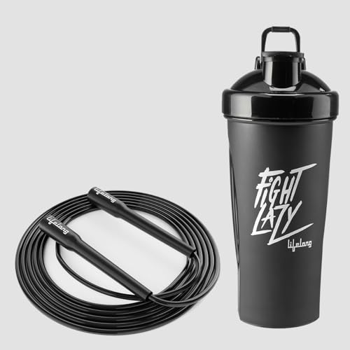 Image of Lifelong Gym Shaker Bottle and Skipping Rope For Boys and Girls. /Fitness And Strength Training Rope /Protein Shaker /Leakproof Shaker,(Pack Of 2) - Black